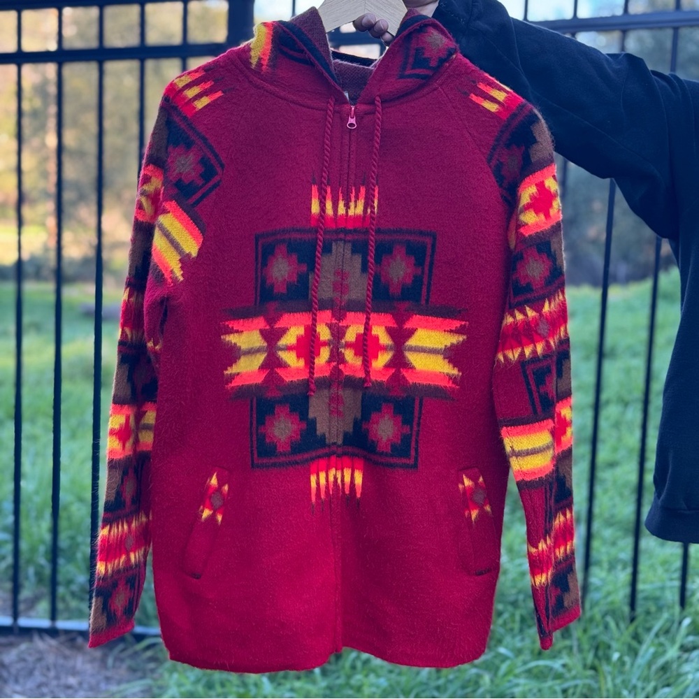Vintage 90’s Red Native American Tribal Wool Blend Hoodie Jacket Medium